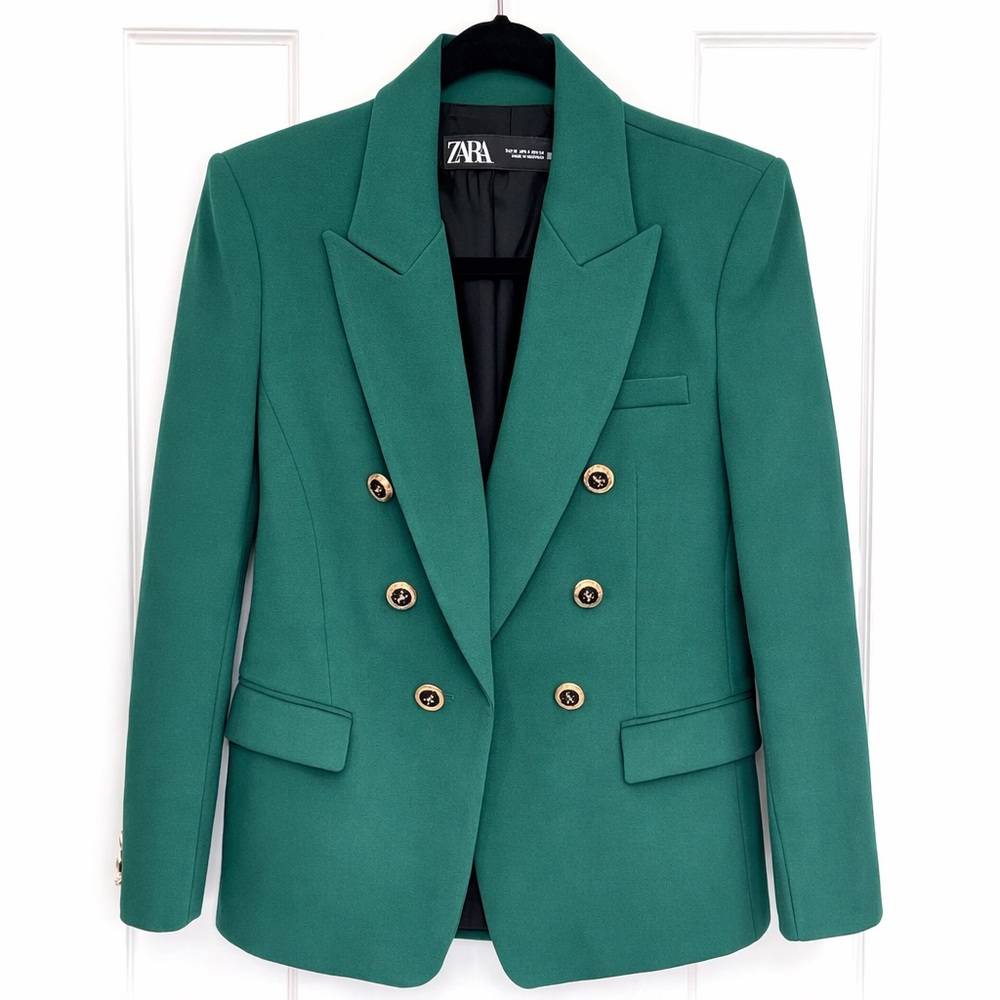 ZARA Emerald Green Double-Breasted Blazer Gold Buttons Size M